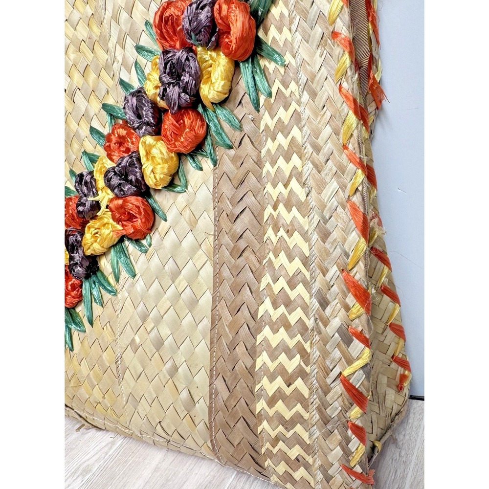 Vintage Woven Straw Raffia Purse Floral Embroidery Boho Tote Bag 13x10 READ - Picture 5 of 13